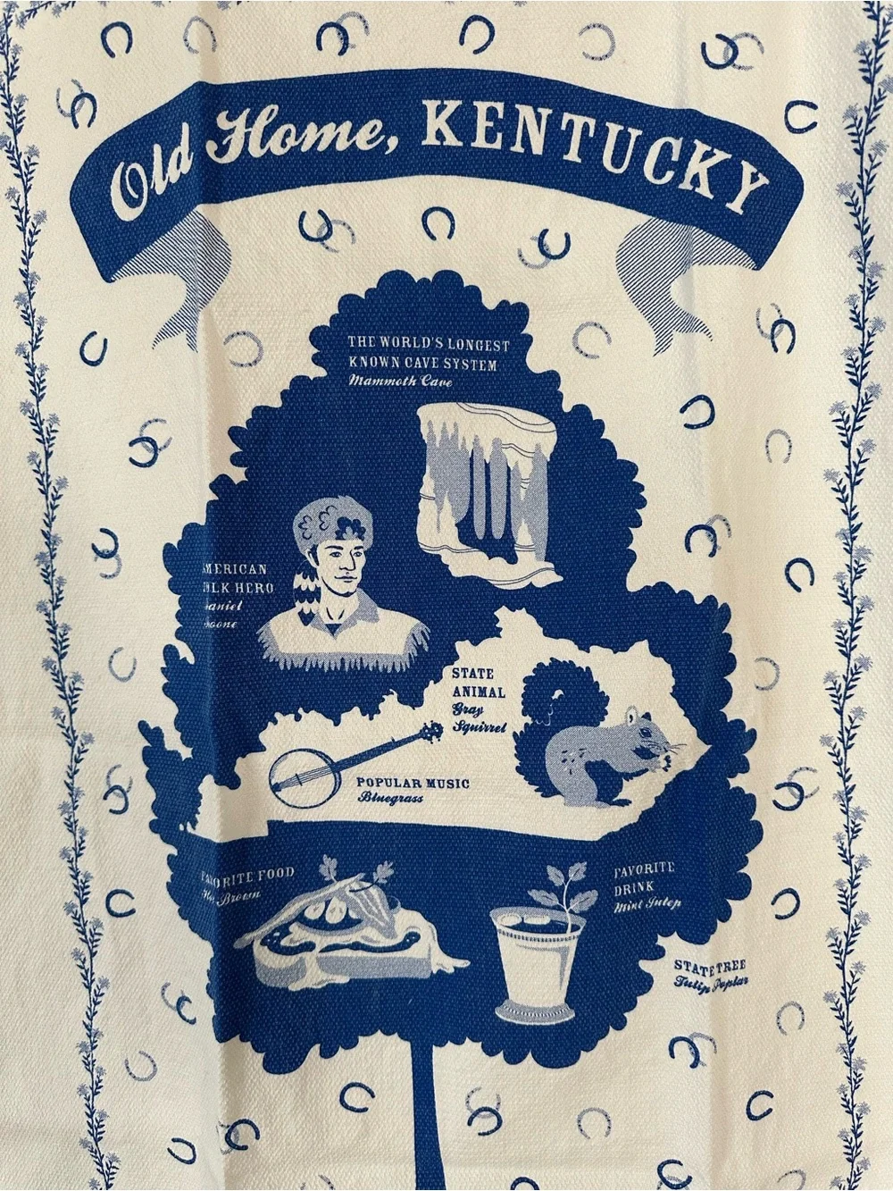 Old Home Kentucky dish towel blue white Daniel Boone horseshoe souvenir novelty